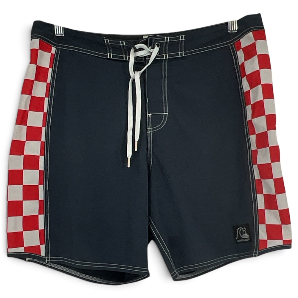 Quiksilver Mens Board Shorts Navy Blue Red Checkered Side Stripe Size 34